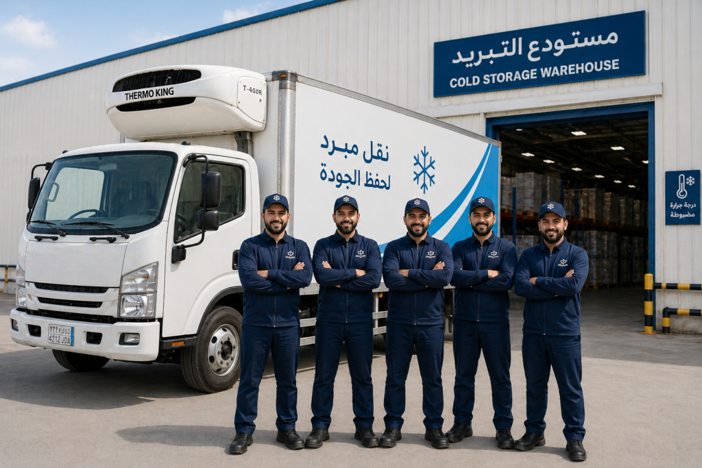 فريق عمل محترف يقف أمام شاحنة نقل مبرد جاهزة لتقديم خدمات التوصيل بالرياض
