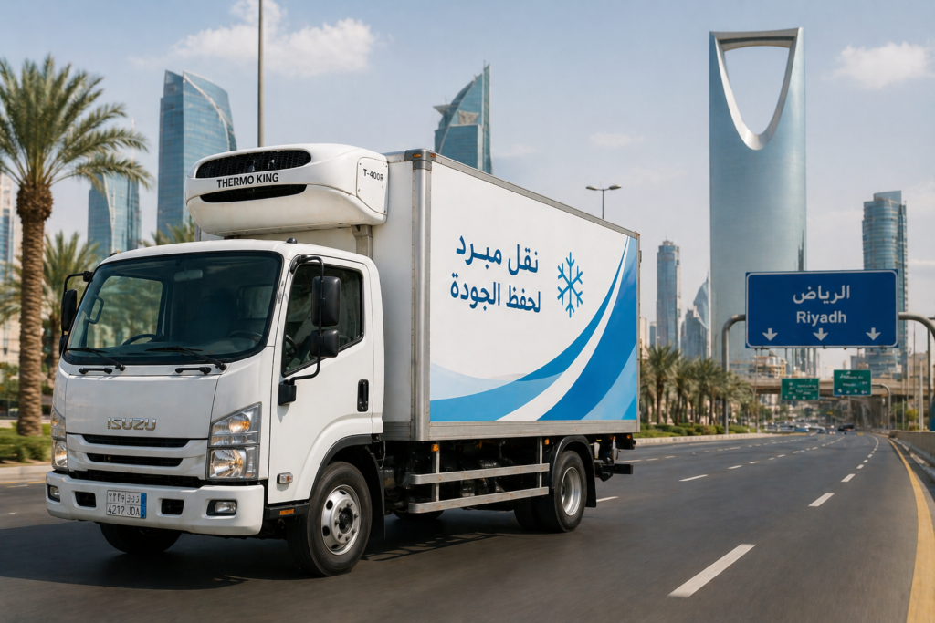 شاحنة نقل مبرد تسير داخل مدينة الرياض لتوصيل المواد الغذائية والأدوية بسرعة وأمان
