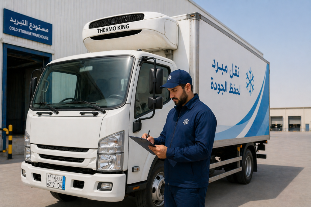 سائق يفحص سيارة تبريد قبل الانطلاق للتأكد من جاهزيتها لنقل الشحنات المبردة بالرياض
