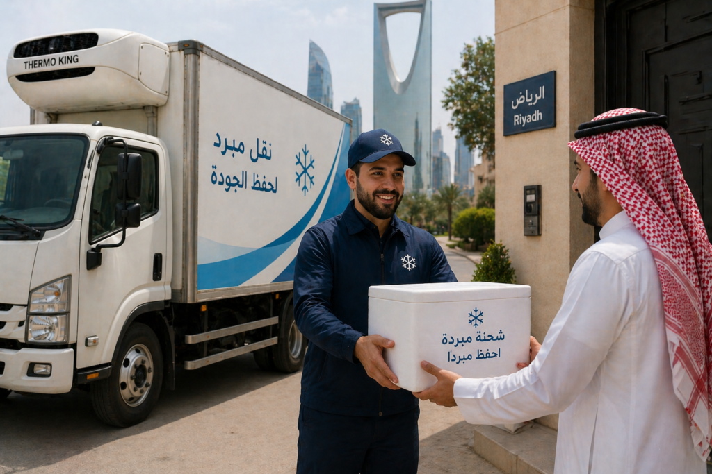 سائق يسلم شحنة مبردة للعميل أمام المنزل باستخدام سيارة نقل مبرد بالرياض

