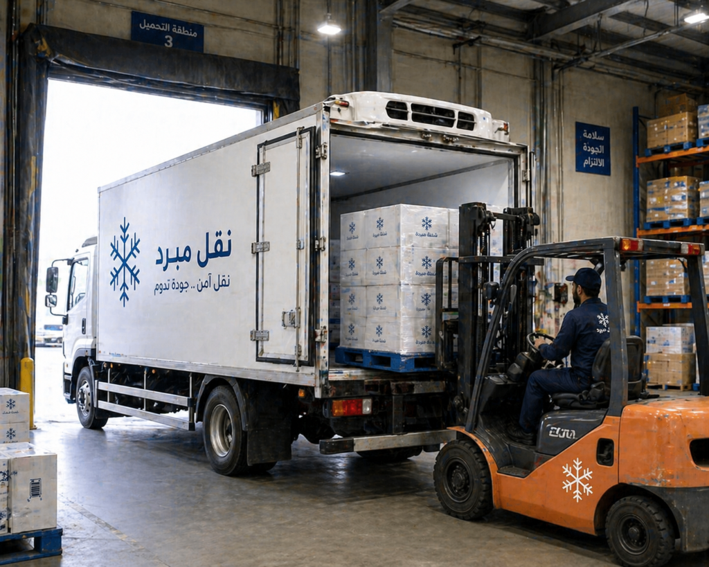 شاحنة تبريد أثناء التحميل داخل مستودع
