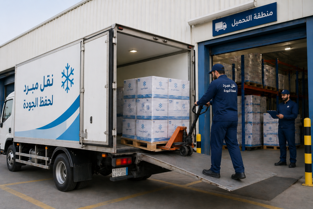 شاحنة تبريد أثناء تحميل البضائع داخل مستودع لنقل المنتجات المبردة بالرياض
