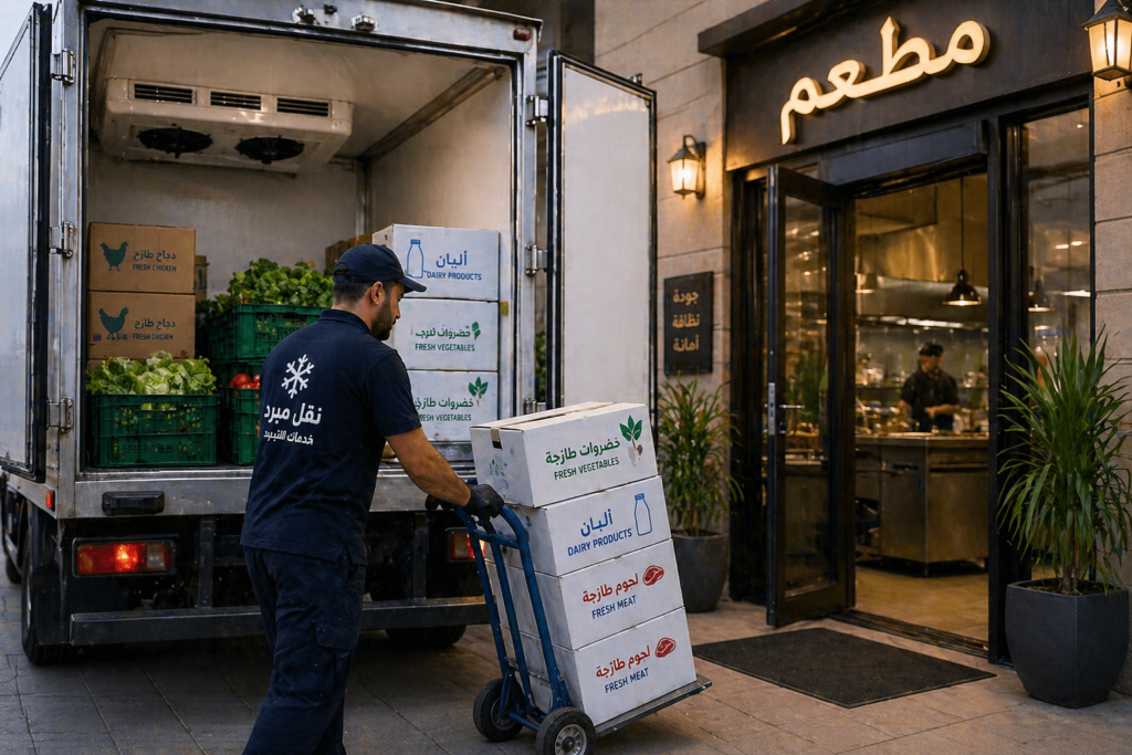 توصيل مواد غذائية لمطعم بالرياض باستخدام سيارة نقل مبرد مجهزة