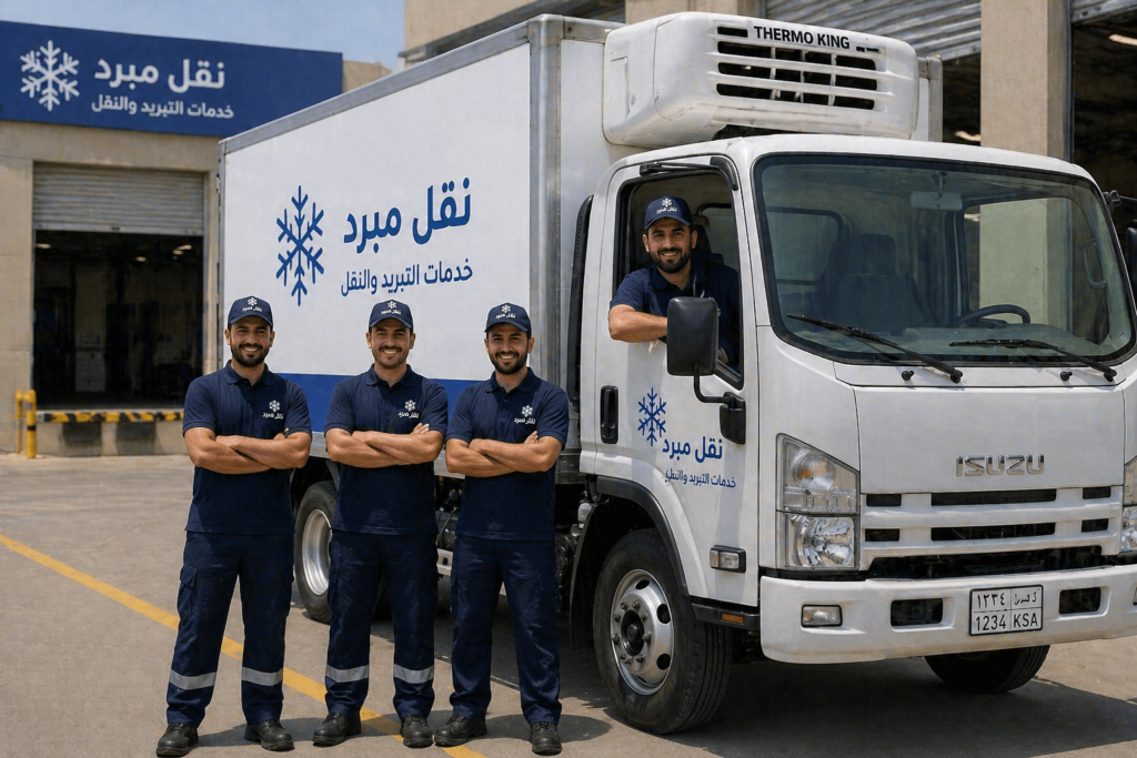 فريق عمل محترف مع شاحنة نقل مبرد بالرياض لتقديم خدمات تبريد ونقل سريعة